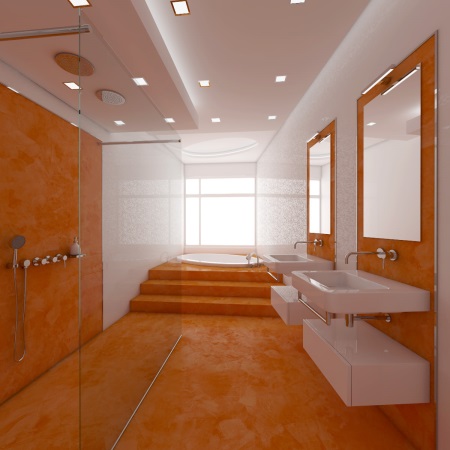 Oranžová podlaha a stěny koupelny